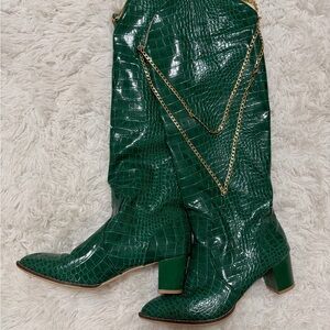 Green Croc-Embossed Knee-High Boots